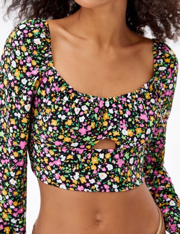 Top Bershka, negru floral, XS