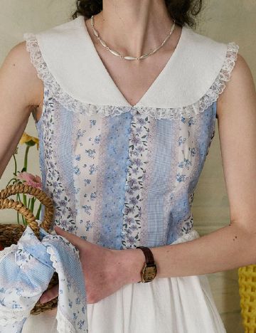 Rochie medie Simple Retro, alb/albastru