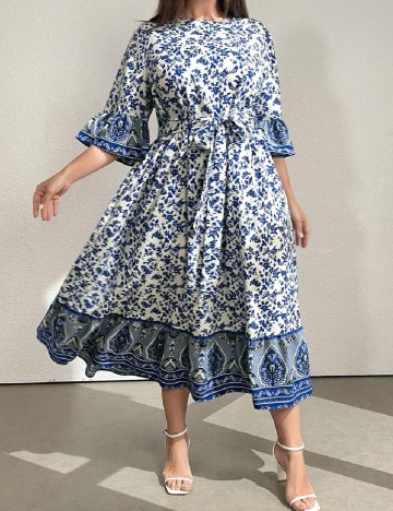 Rochie medie SHEIN CURVE, alb/albastru