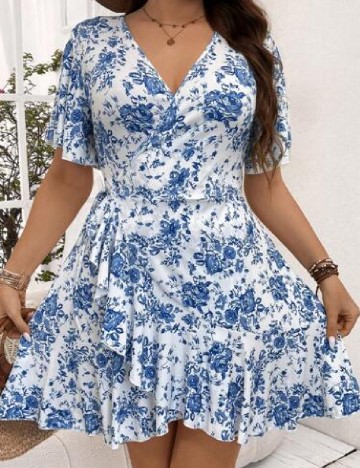Rochie scurta SHEIN CURVE, alb/albastru