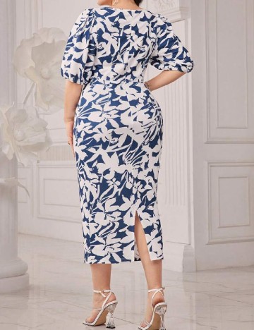 Rochie medie SHEIN CURVE, alb/albastru