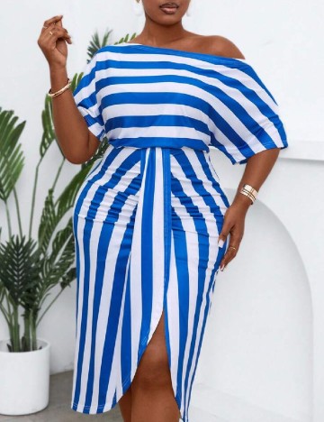 Rochie medie SHEIN CURVE, albastru/alb