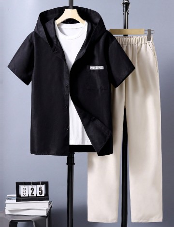 Compleu Shein Kids, negru/crem