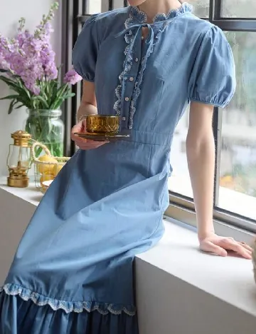Rochie medie Simple Retro, albastru