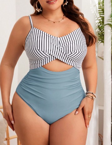 Costum de baie SHEIN CURVE, alb/albastru