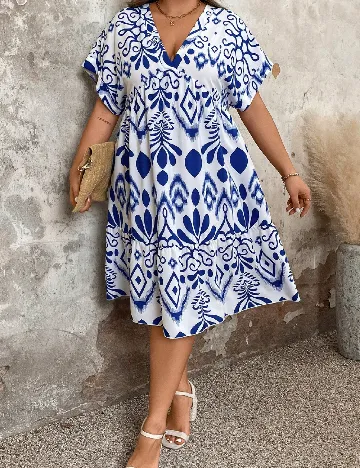 Rochie medie SHEIN CURVE, alb/albastru