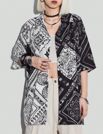 Camasa Oversize SHEIN, negru/alb