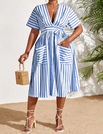 Rochie medie SHEIN CURVE, alb/albastru