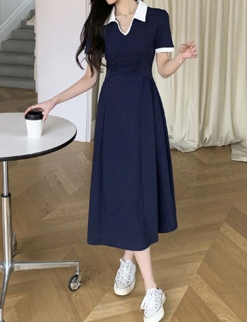 Rochie medie Dazy, bleumarin/alb