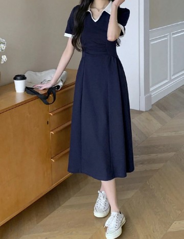 Rochie medie Dazy, bleumarin/alb