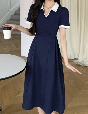 Rochie medie Dazy, bleumarin/alb
