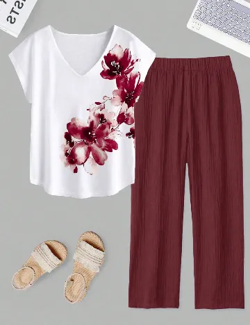 Compleu SHEIN CURVE, alb/visiniu Rosu