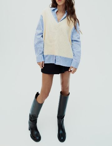 Bluza Oversize Zara, crem/albastru
