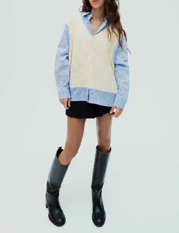 Bluza Oversize Zara, crem/albastru Alb