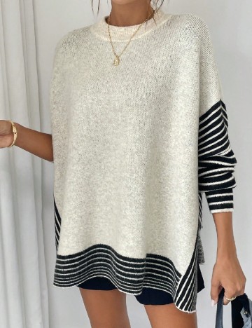 Pulover Oversize SHEIN, ecru/negru