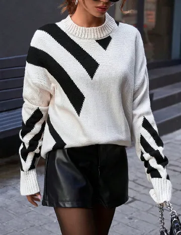 Pulover Oversize SHEIN, alb/negru Alb