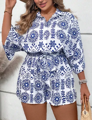 Salopeta SHEIN CURVE, albastru/alb