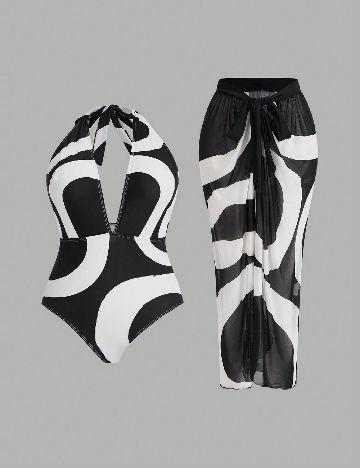 Costum de baie SHEIN CURVE, alb/negru