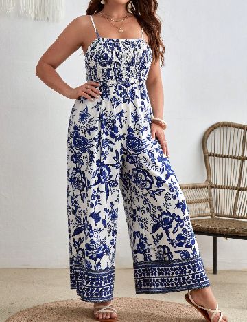 Salopeta SHEIN CURVE, alb/albastru