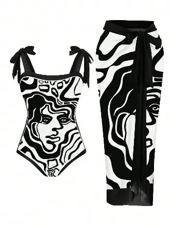 Costum de baie SHEIN CURVE, alb/negru