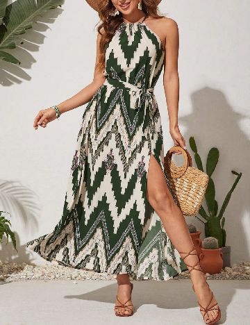 Rochie lunga SHEIN, verde/crem