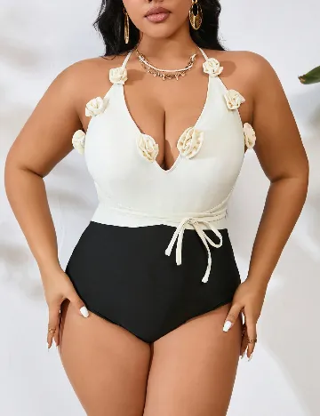 Costum de baie SHEIN CURVE, ecru/negru