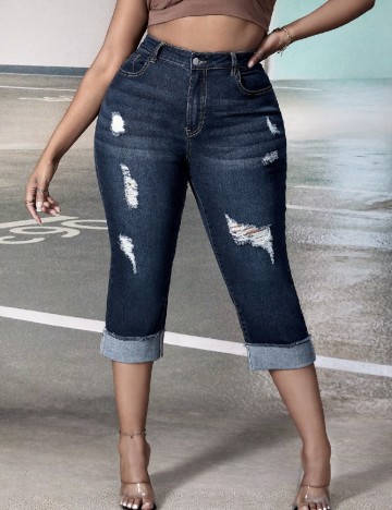 Pantaloni trei sferturi SHEIN CURVE, bleumarin inchis