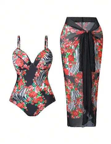 Costum de baie SHEIN CURVE, negru/rosu