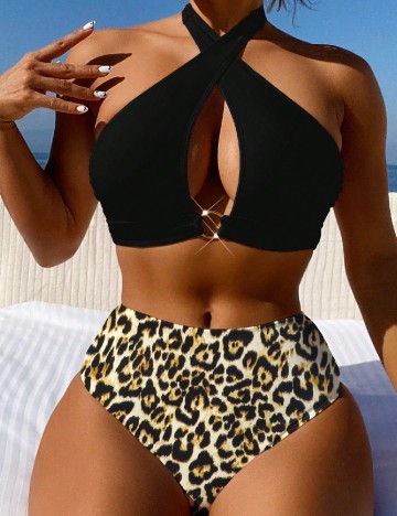 Costum de baie SHEIN, animal print/negru
