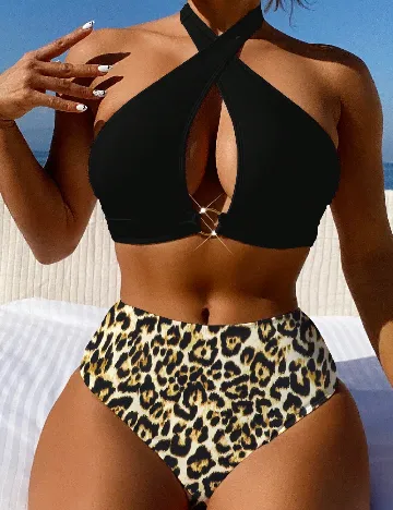 Costum de baie SHEIN, animal print/negru