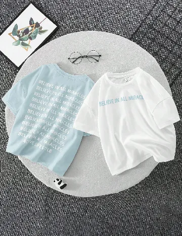 Set Tricouri 2 bucati Shein Kids, alb/albastru