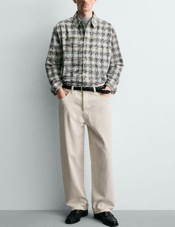 Camasa Zara, crem/bleumarin