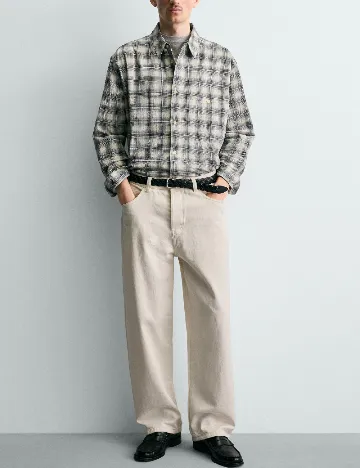 Camasa Zara, crem/bleumarin