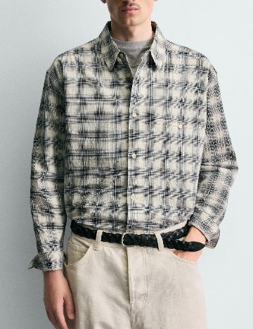 Camasa Zara, crem/bleumarin