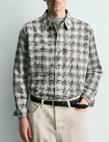 Camasa Zara, crem/bleumarin