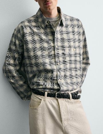 Camasa Zara, crem/bleumarin