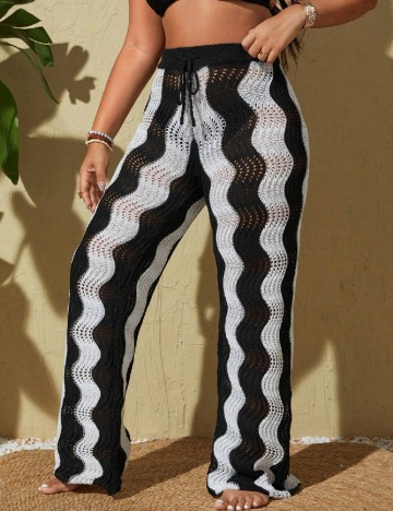 Pantaloni de plaja SHEIN CURVE, alb/negru