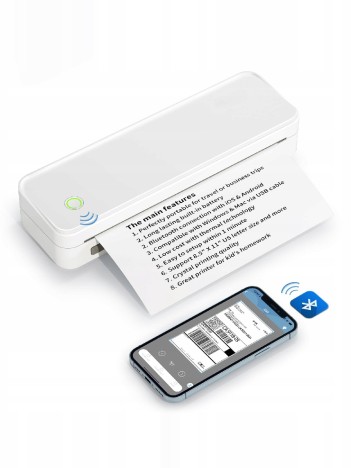 Imprimantă portabilă A4 fără cerneală, Bluetooth, 2600mAh FICHERO, alb