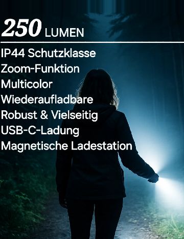 Lanternă tactică LED de 250 lumeni, reîncărcabilă, cu zoom ACTION, negru