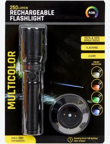 Lanternă tactică LED de 250 lumeni, reîncărcabilă, cu zoom ACTION, negru