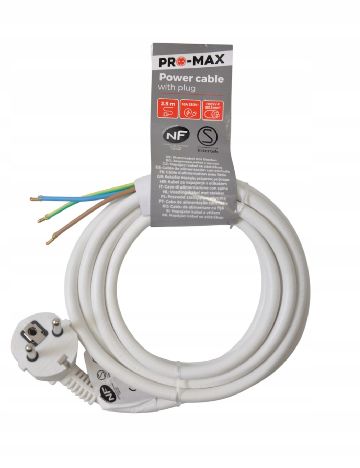 Cablu de alimentare cu ștecher 3 x 1.5 mmp, 2.5 m Pro-Max, alb