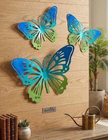 Set fluturi decorativi metalici 3 bucati, albastru