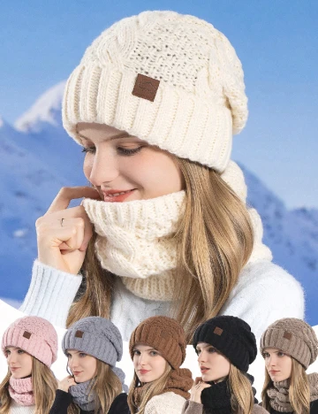 Set caciula si fular circular SHEIN, ecru