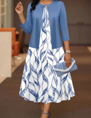 Set Rochie si Cardigan SHEIN CURVE, alb/albastru