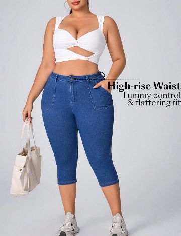 Pantaloni trei sferturi SHEIN CURVE, albastru