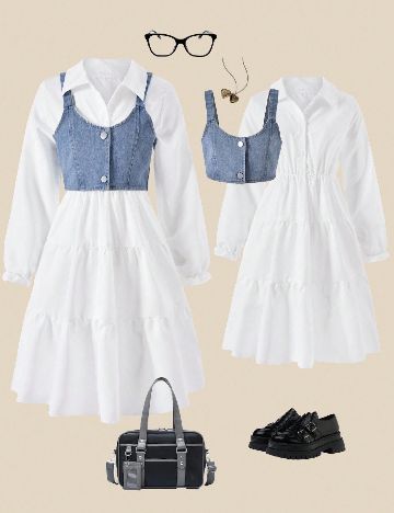 Set rochie si vesta Shein Kids, alb/albastru