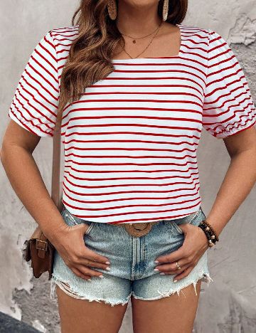 Tricou SHEIN CURVE, alb/rosu