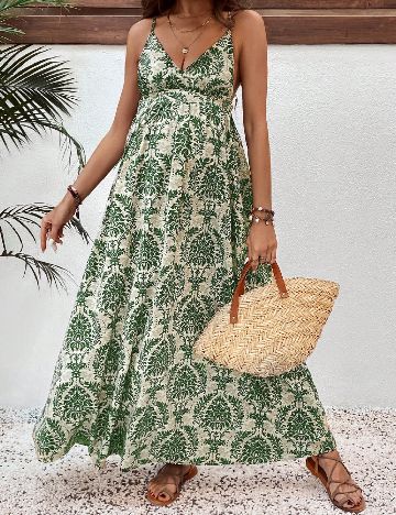 Rochie lunga SHEIN Maternity, verde/crem