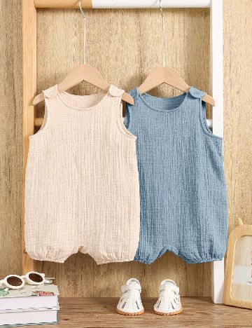 Set salopete 2 bucati Shein Kids, crem/albastru