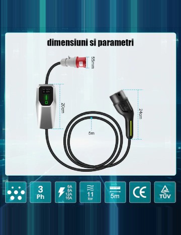 Cablu de incarcare masini electrice, 11kW, negru